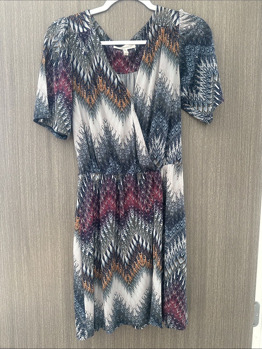 BCBGeneration Chevron-Print Wrap Mini Dress in Navy, Burgundy & Mustard